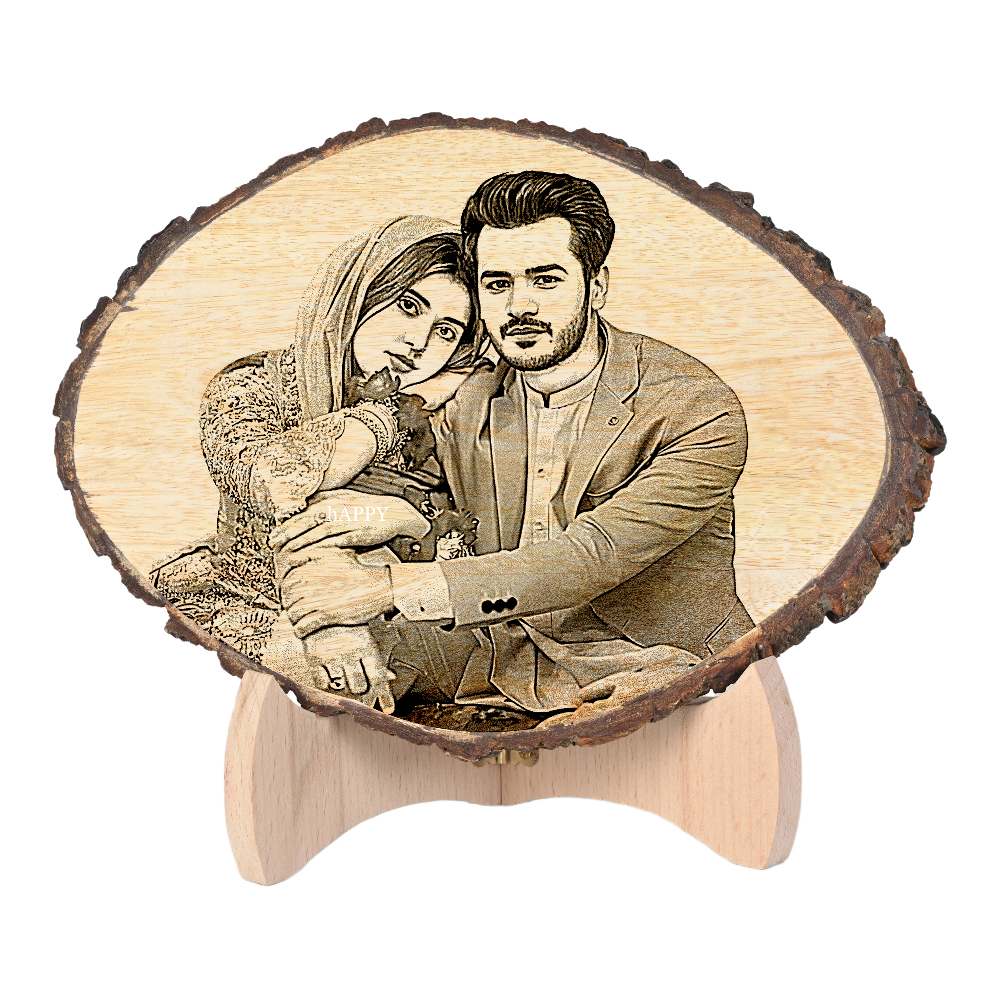 Giftanna Customize Engraved Natural Slice Wooden Photo Frame, Personalized Photo Gift for Birthday, Wedding, Real Wood Plaque with Wood Stand, Tabletop